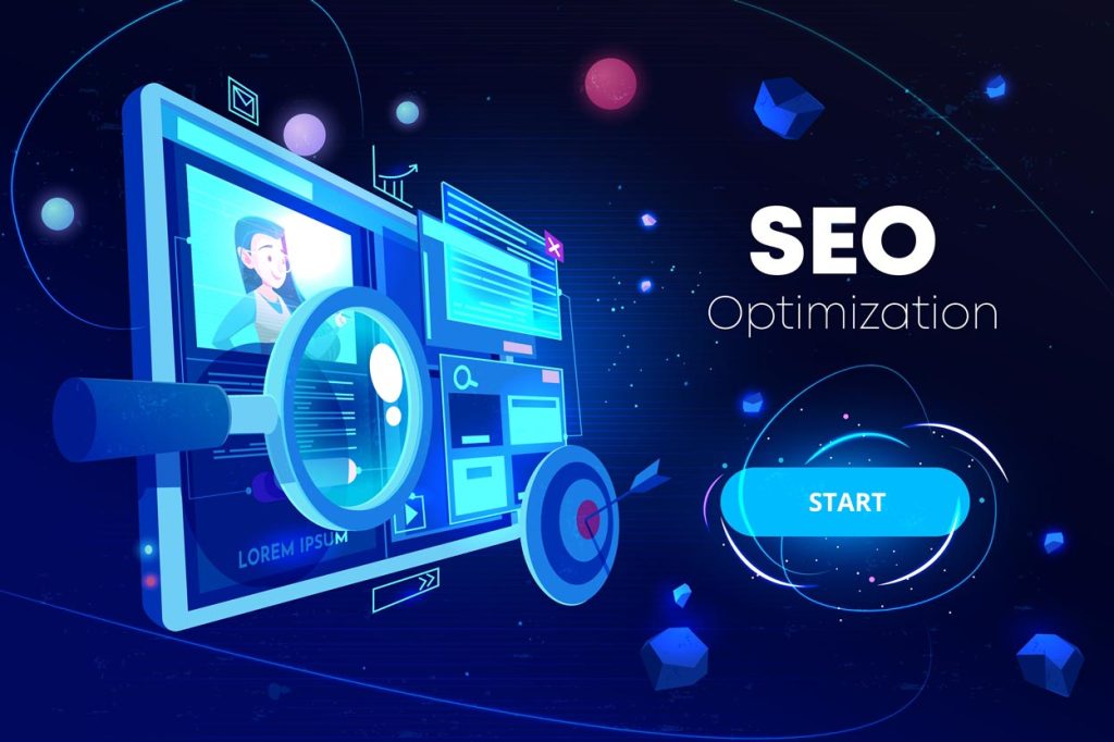 SEO και Πώς Λειτουργεί: Οδηγός για Search Engine Optimization Seo optimization banner, marketing business technology, monitor with data analysis platform on screen, website research, neon glowing futuristic background. Cartoon vector illustration, landing page